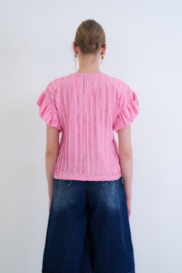 Bisiklet Yaka Kolları Fırfırlı Örme Bluz