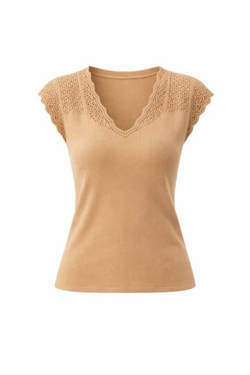 Bisküvi V Yaka Delik Ajurlu Mevsimlik Triko Bluz