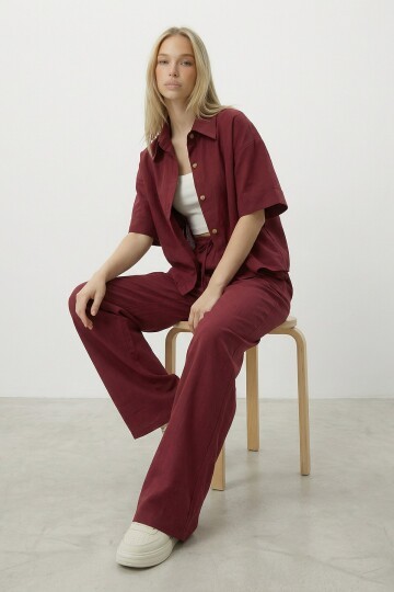 Bordo Keten Gömlek Ve Palazzo Pantolon Takım