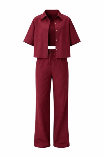 Bordo Keten Gömlek Ve Palazzo Pantolon Takım
