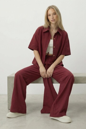 Bordo Keten Gömlek Ve Palazzo Pantolon Takım
