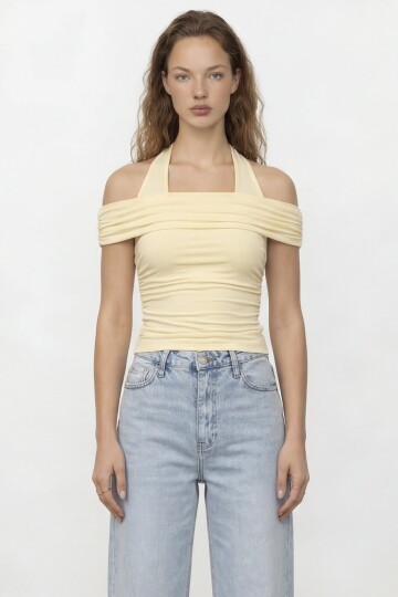 Boyundan Askılı Drapeli Dar Kalıp Bluz