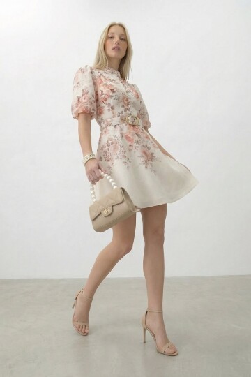 Çiçek Desenli Kemerli Mini Elbise