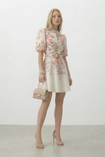 Çiçek Desenli Kemerli Mini Elbise