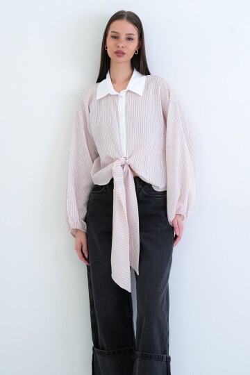 Çizgili Bağlama Detaylı Gömlek