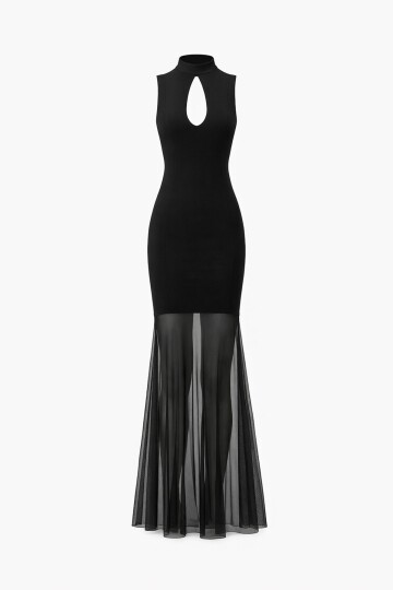 Damla Yaka Tül Detaylı Uzun Elbise