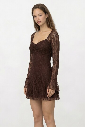 Dantel Detaylı Dekolteli Uzun Kol Mini Elbise