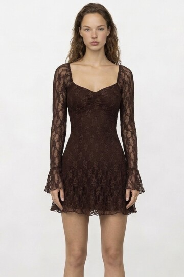 Dantel Detaylı Dekolteli Uzun Kol Mini Elbise