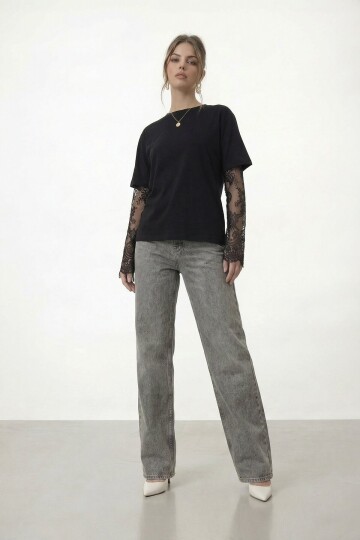 Dantel Kol Detaylı Kısa Kol Oversize T-Shirt