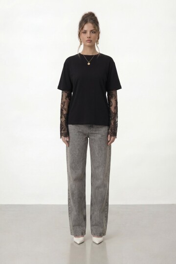 Dantel Kol Detaylı Kısa Kol Oversize T-Shirt