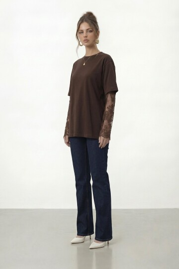 Dantel Kol Detaylı Kısa Kol Oversize T-Shirt