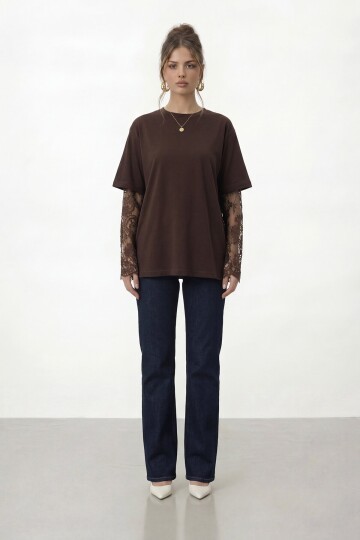 Dantel Kol Detaylı Kısa Kol Oversize T-Shirt