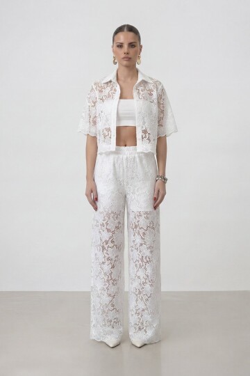 Dantelli Fisto Gömlek , Geniş Paça Pantolon Ve Bustiyer 3Lü Takım