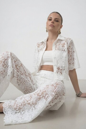 Dantelli Fisto Gömlek , Geniş Paça Pantolon Ve Bustiyer 3Lü Takım