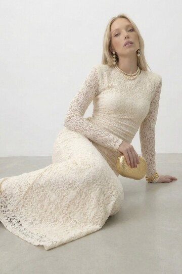 Dantelli Uzun Kol Midi Boy Elbise