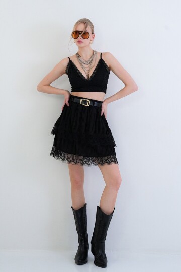 Deri Kemerli Dantelli Kat Kat Volanlı Mini Etek