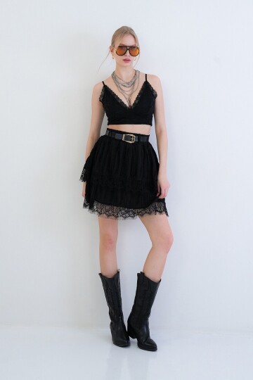 Deri Kemerli Dantelli Kat Kat Volanlı Mini Etek