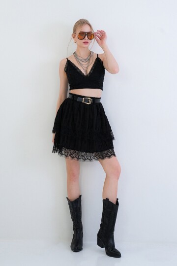 Deri Kemerli Dantelli Kat Kat Volanlı Mini Etek