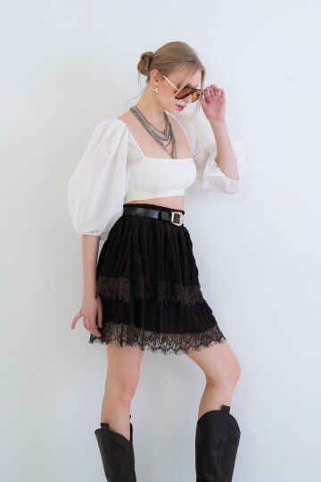 Deri Kemerli Dantelli Kat Kat Volanlı Mini Etek