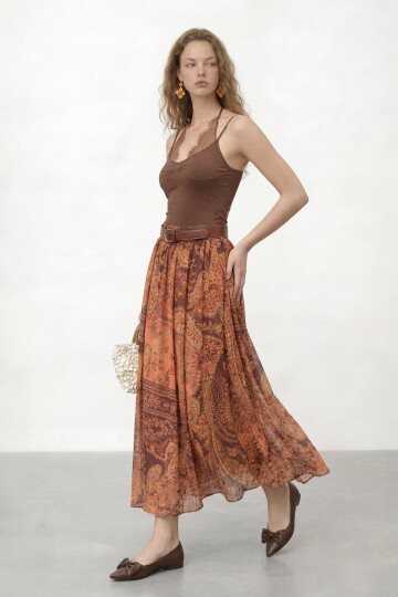 Desenli Kemerli Midi Boy Etek