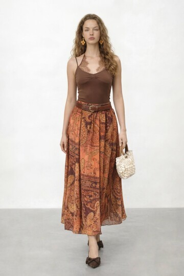 Desenli Kemerli Midi Boy Etek