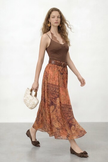 Desenli Kemerli Midi Boy Etek