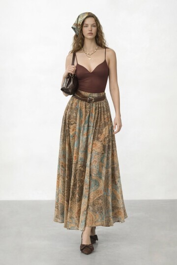 Desenli Kemerli Midi Boy Etek