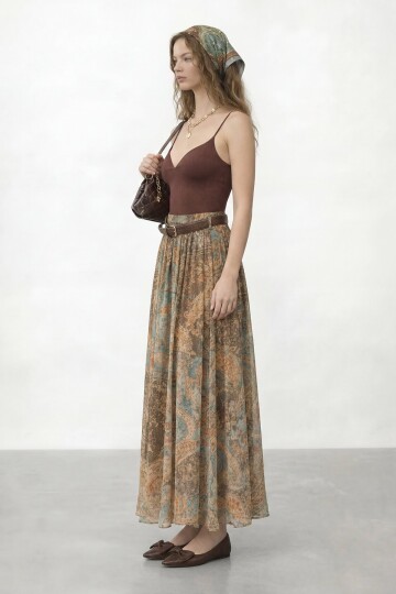 Desenli Kemerli Midi Boy Etek