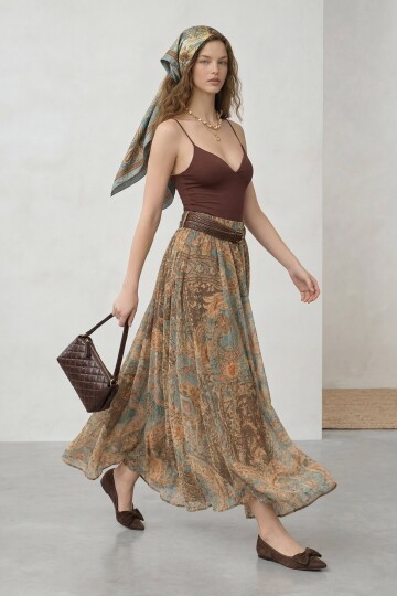 Desenli Kemerli Midi Boy Etek