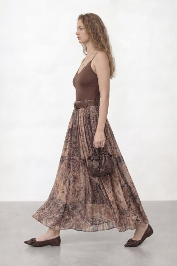 Desenli Kemerli Midi Boy Etek