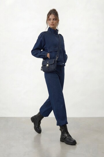 Dik Yaka Cepli Crop Ceket Ve Bol Paça Pantolon Denim Takım