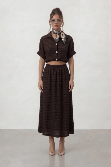 Dokulu Crop Ve Midi Etek Takım