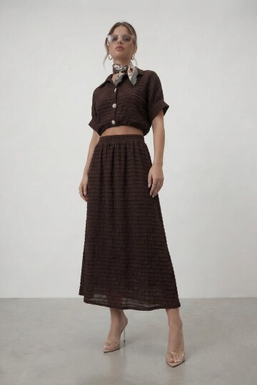 Dokulu Crop Ve Midi Etek Takım