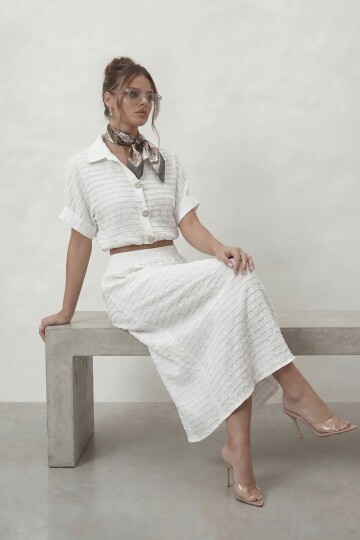 Dokulu Crop Ve Midi Etek Takım