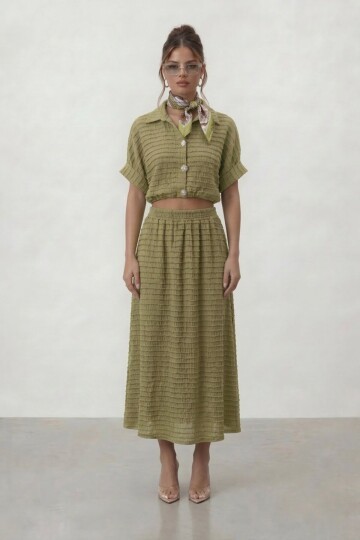 Dokulu Crop Ve Midi Etek Takım