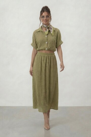 Dokulu Crop Ve Midi Etek Takım