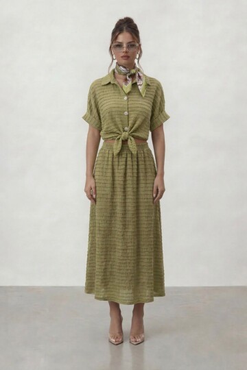 Dokulu Crop Ve Midi Etek Takım