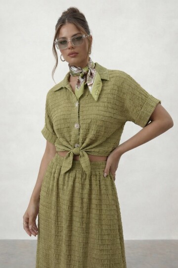 Dokulu Crop Ve Midi Etek Takım