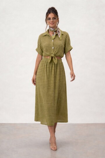 Dokulu Crop Ve Midi Etek Takım