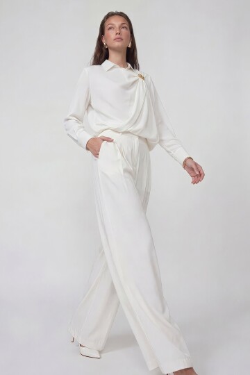 Drapeli Tokalı Uzun Kollu Bluz Ve Pantolon Takım