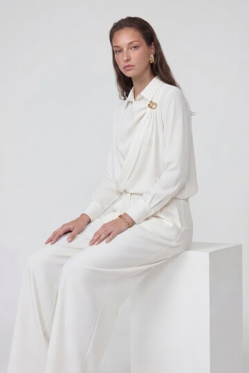 Drapeli Tokalı Uzun Kollu Bluz Ve Pantolon Takım