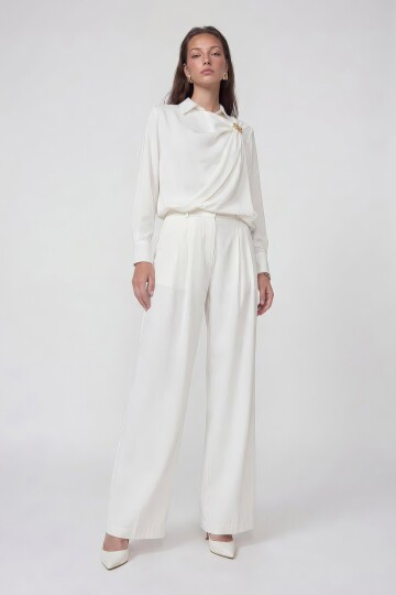 Drapeli Tokalı Uzun Kollu Bluz Ve Pantolon Takım