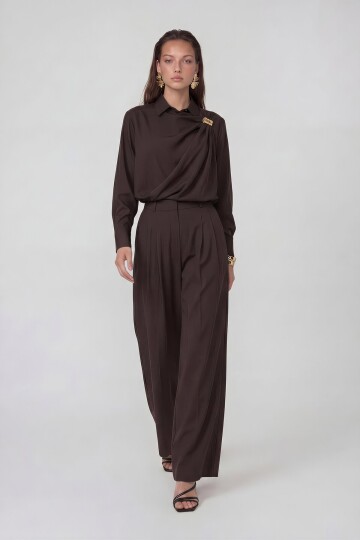 Drapeli Tokalı Uzun Kollu Bluz Ve Pantolon Takım