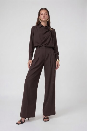 Drapeli Tokalı Uzun Kollu Bluz Ve Pantolon Takım