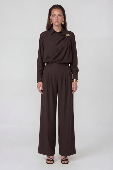 Drapeli Tokalı Uzun Kollu Bluz Ve Pantolon Takım