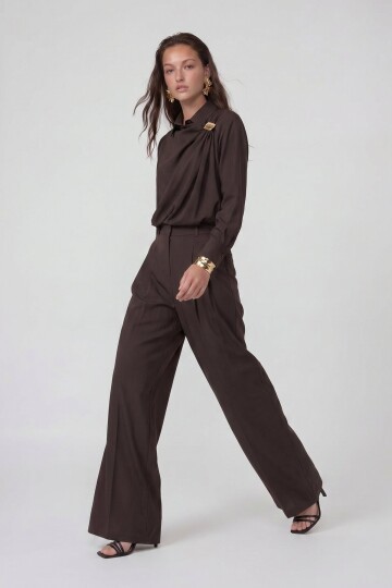 Drapeli Tokalı Uzun Kollu Bluz Ve Pantolon Takım