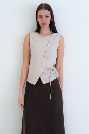 Düğmeli Bağlamalı Kolsuz Bluz