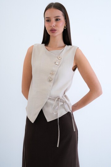 Düğmeli Bağlamalı Kolsuz Bluz