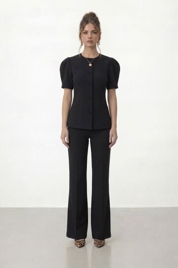 Düğmeli Çift Cepli Ceket Ve İspanyol Paça Pantolon Takım