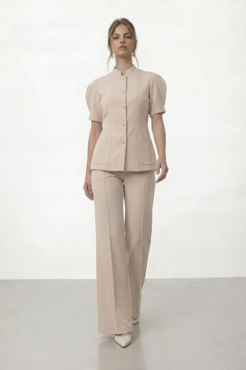 Düğmeli Çift Cepli Ceket Ve İspanyol Paça Pantolon Takım